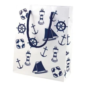 Geschenktüte – maritime Geschenktasche aus lackiertem Papier in Weiß und Marine