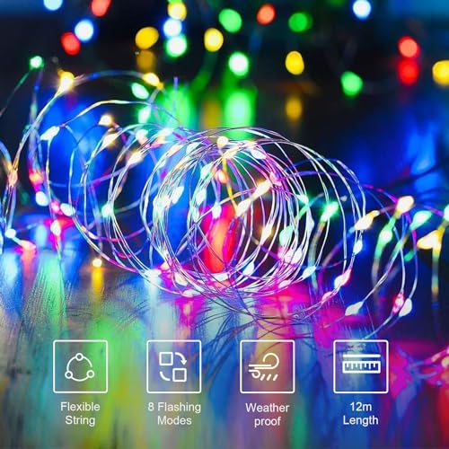 LQWELL® 2er-Set 12 m Solar-Lichterketten für den Außenbereich, Solar-Kupferdraht, IP65 wasserdicht, 120 LEDs, für Garten, Balkon, Party, Hochzeit, Geburtstag, Weihnachtsdekoration (bunt) – Bild 8