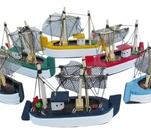 Krabbenkutter 6er Set – maritime Holzboote farbig sortiert 10 cm