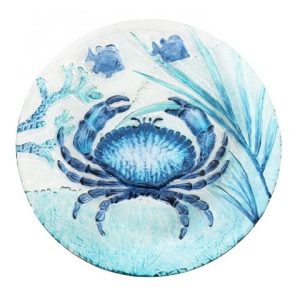 Glasteller Krabbe – maritimer Dekoteller aus Glas in Blau Weiß Ø 30,5 cm
