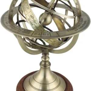 Armillarsphäre Antik – dekorative Weltkugel aus Messing auf Holzsockel – 38,5 cm