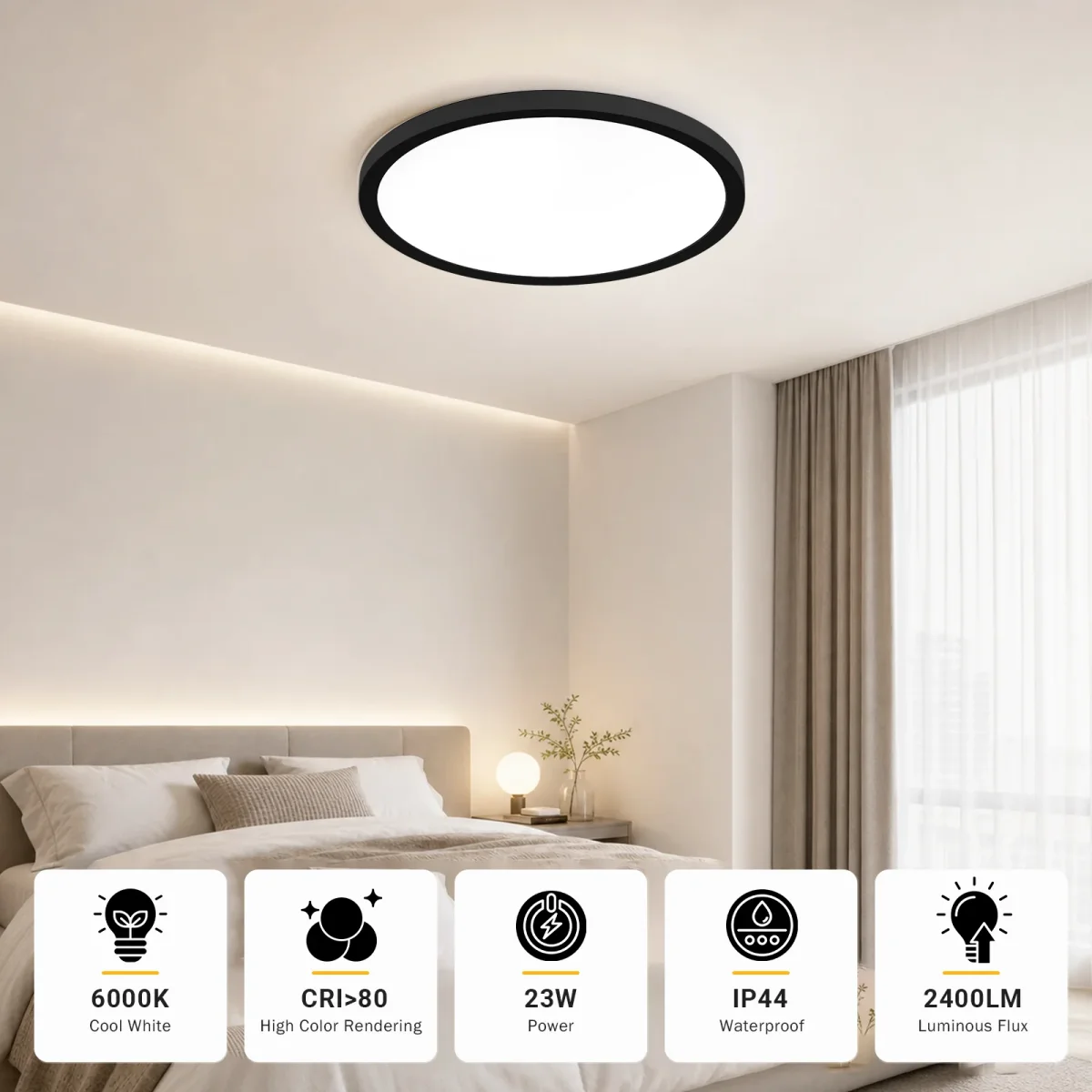 LQWELL® Deckenleuchte LED Deckenlampe, IP44 Wasserfest Badlampe Rund Flach 23W 6000K 2400LM Modern Schlicht Lampe Dünn für Wohnzimmer Badezimmer Schlafzimmer Küche Balkon Keller Büro, 300 * 18mm – Bild 3