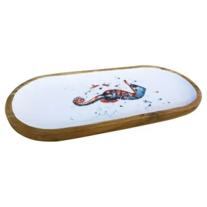 Platte Seepferdchen oval 40 cm – dekorative Servierplatte aus Mango Holz mit Emaille