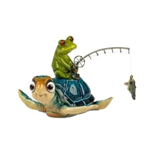 Dekofigur „Schildkröte & Frosch mit Angel“ – Blau, handbemalt