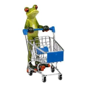 Dekofigur „Frosch-Mann mit Einkaufswagen“ – handbemalt, 16 × 18 cm