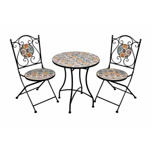 Gartenmöbelset Porto 3 teilig – Tisch rund mit Mosaikplatte und zwei Stühlen im Vintage Stil