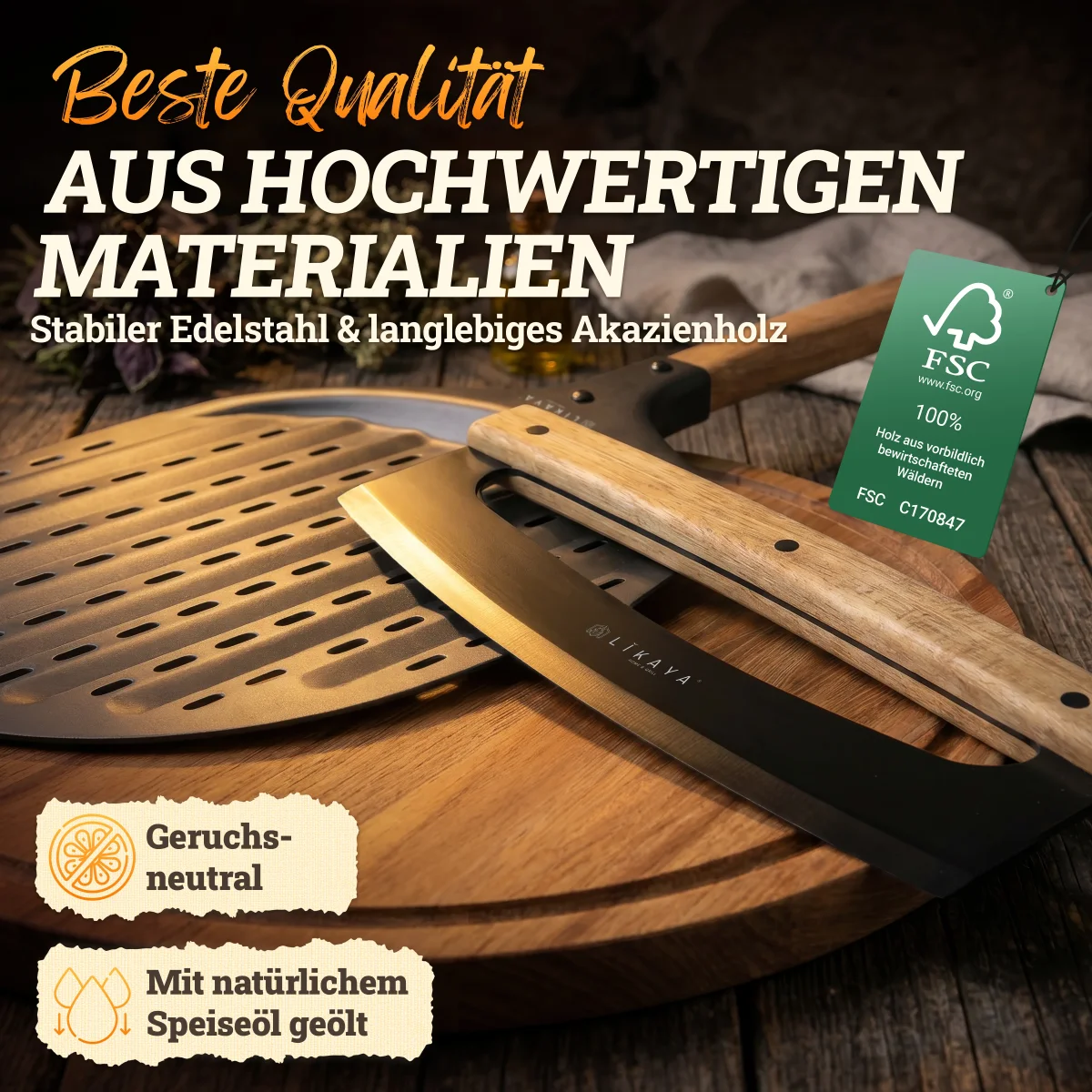 LIKAYA Pizzaiolo Set – Pizzaschaufel, Pizza-Wiegemesser & Pizzabrett aus Akazienholz – Pizza Zubehör Set für Pizzaofen, Grill & Backofen – Bild 8