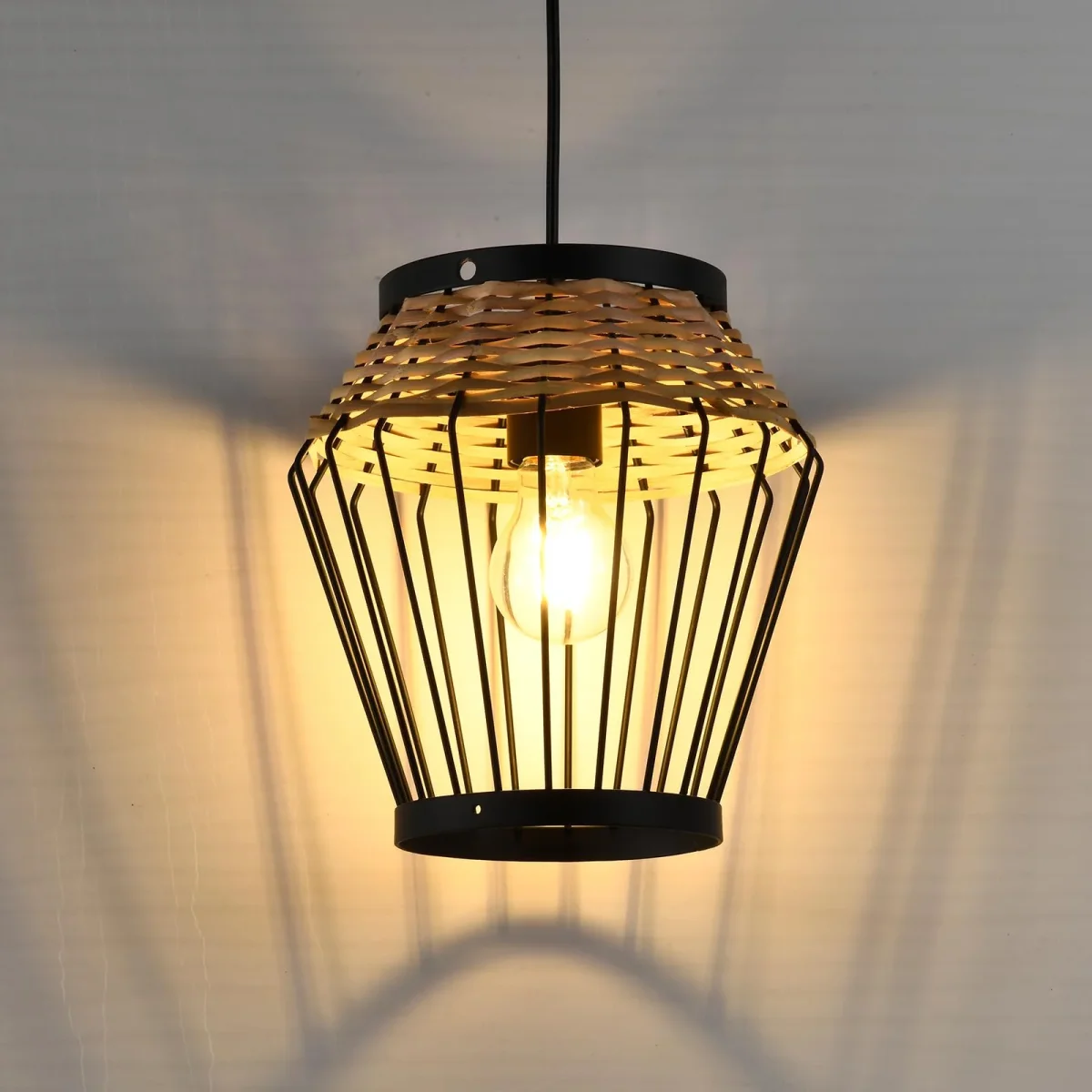 LQWELL® E27 Hängelampe Schwarz, Retro Pendellampe Hängeleuchte Vertigo Lampe Höhenverstellbare Kronleuchter Metall Rattan, für Wohnzimmer Schlafzimmer Esszimmer Cafés Studio Bartheke – Bild 3