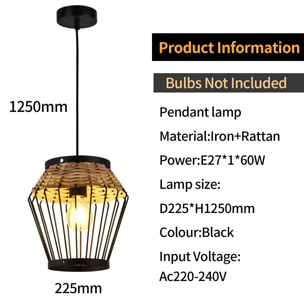 LQWELL® E27 Hängelampe Schwarz, Retro Pendellampe Hängeleuchte Vertigo Lampe Höhenverstellbare Kronleuchter Metall Rattan, für Wohnzimmer Schlafzimmer Esszimmer Cafés Studio Bartheke – Bild 4