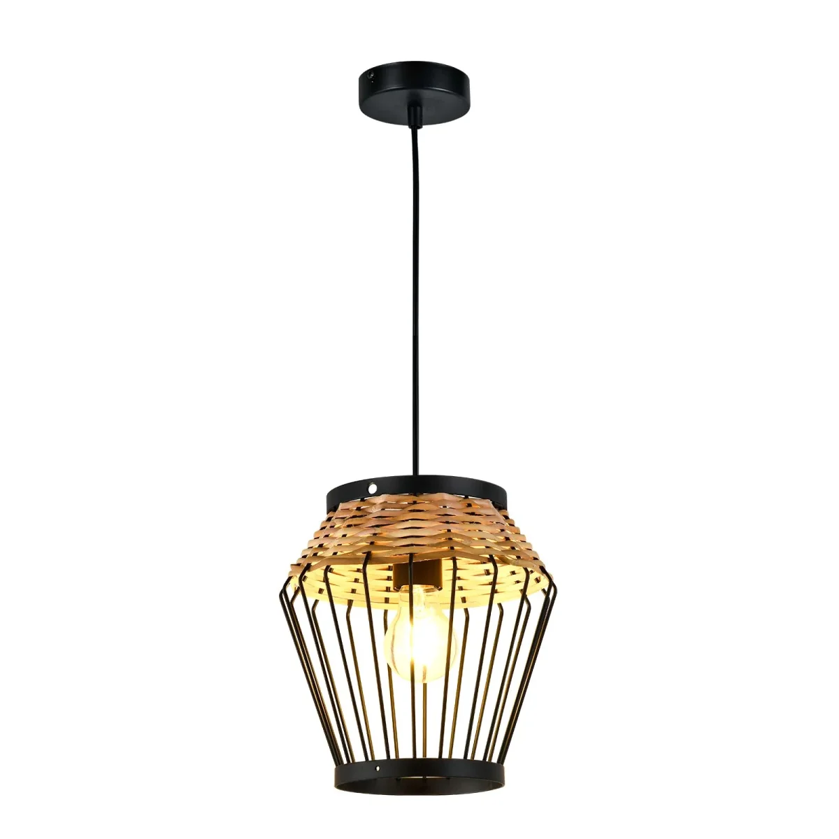 LQWELL® E27 Hängelampe Schwarz, Retro Pendellampe Hängeleuchte Vertigo Lampe Höhenverstellbare Kronleuchter Metall Rattan, für Wohnzimmer Schlafzimmer Esszimmer Cafés Studio Bartheke – Bild 9