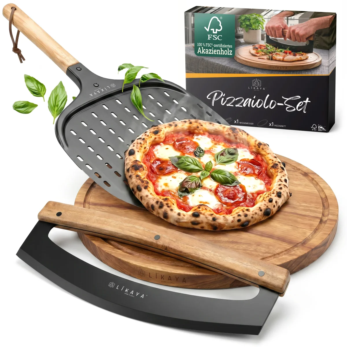LIKAYA Pizzaiolo Set – Pizzaschaufel, Pizza-Wiegemesser & Pizzabrett aus Akazienholz – Pizza Zubehör Set für Pizzaofen, Grill & Backofen – Bild 2